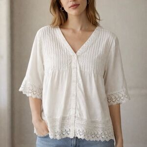 Ulla Popken Button Up Blouse Women’s 20/22 White Lace Detail Crochet Cotton Boho